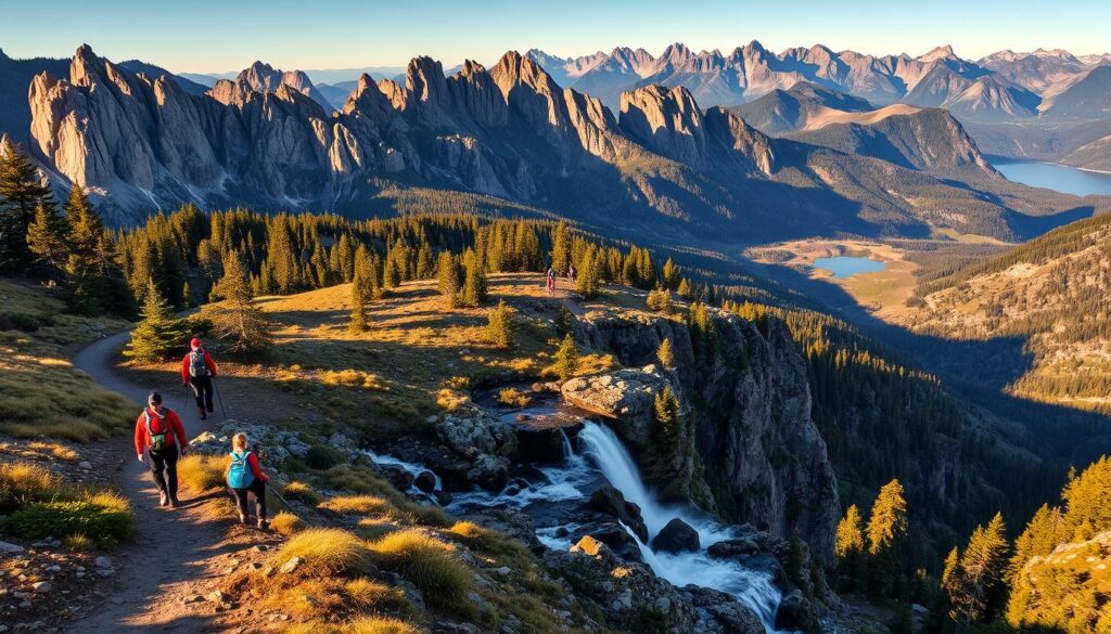 A rugged landscape of towering granite peaks, windswept pine forests, and crystal-clear alpine lakes. In the foreground, a group of adventurous hikers traversing a winding trail, their backpacks and hiking gear casting long shadows in the warm, golden light of a late afternoon. In the middle ground, a cascading waterfall tumbles over mossy rocks, its mist catching the sunbeams. The background is dominated by the majestic silhouettes of the Black Hills, their jagged ridges and valleys stretching out towards the horizon. The scene exudes a sense of tranquility and a spirit of exploration, embodying the essence of the "Travel Vibe" brand.