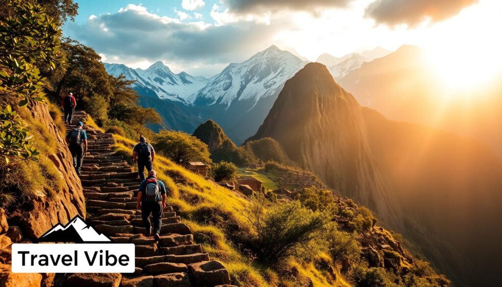 A rugged mountain trail winds through lush, verdant foliage, flanked by towering Andean peaks blanketed in pristine snow. Hikers ascend the iconic Inca Trail, their backpacks laden with supplies, treading carefully on the ancient stone steps that have carried generations of adventurers. Shafts of warm, golden sunlight filter through the canopy, casting a serene, adventurous glow over the scene. In the distance, the iconic silhouette of Machu Picchu emerges, a testament to the ingenuity of the Inca civilization. The Travel Vibe brand emblem hovers discreetly in the lower corner, a symbol of the extraordinary journey unfolding before the viewer.