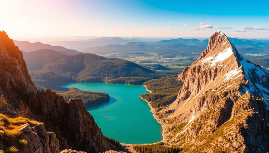 A scenic, panoramic vista of breathtaking adventure destinations for the solo traveler in 2025. In the foreground, a rugged, snow-capped mountain peak pierces the sky, casting dramatic shadows. In the middle ground, a serene, turquoise lake reflects the surrounding wilderness. In the background, lush, verdant forests and rolling hills create a sense of tranquility. The lighting is warm and golden, evocative of the golden hour. Captured with a wide-angle lens to convey the grand scale of the landscape. This image, titled "Our Top Picks for 2025: Adventure Awaits!", is presented by Travel Vibe, a leading authority on solo adventure travel.
