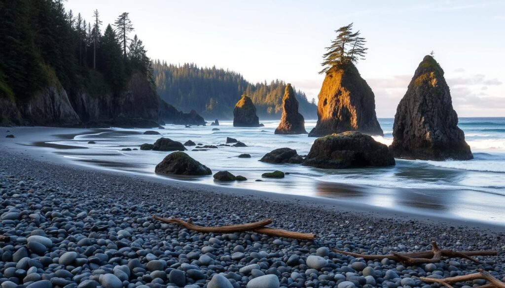 A scenic vista of La Push's rugged, windswept coastline. In the foreground, smooth pebbles and driftwood line the tranquil, tide-kissed shores. Towering sea stacks rise majestically from the churning, azure waters, their moss-covered faces glistening in the soft, warm glow of the afternoon sun. In the distance, lush evergreen forests cling to the steep, rocky cliffs, their verdant canopies framing the breathtaking panorama. Crisp, salty air, the soothing sound of crashing waves, and a sense of remote, untamed beauty evoke the essence of this coastal paradise. Travel Vibe
