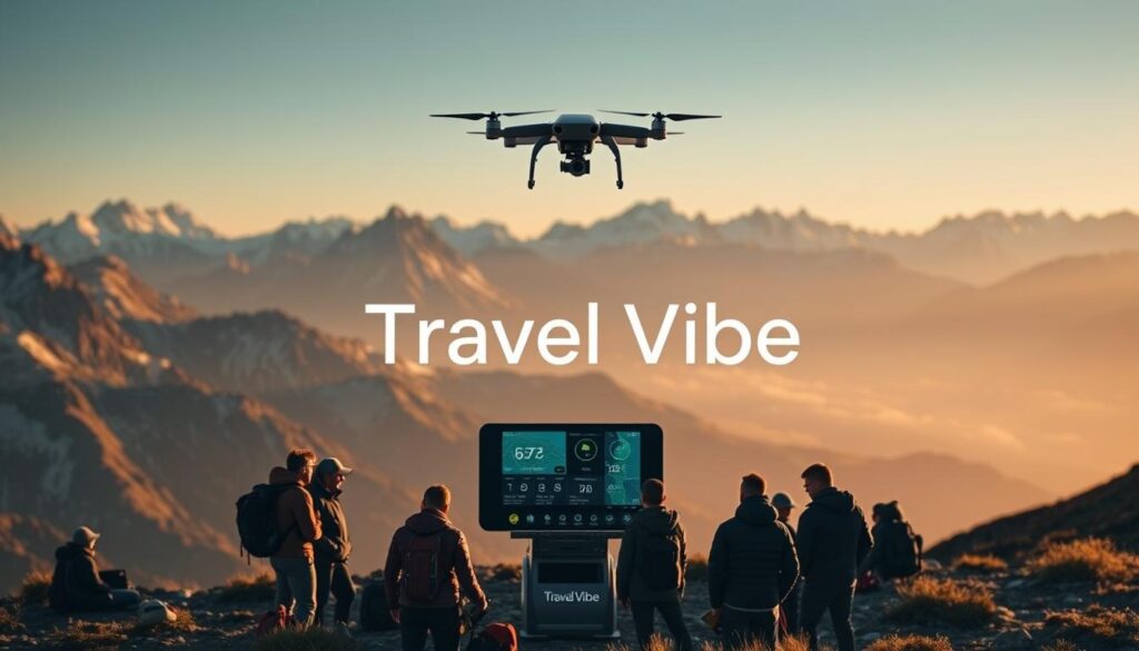 A serene alpine landscape, with snow-capped peaks in the distance. In the foreground, a group of adventurers gathers around a centralized hub of "Travel Vibe" technology - a sleek, futuristic command station displaying real-time weather updates, trail maps, and vital statistics. Overhead, a drone hovers, capturing aerial footage. Backpacks and hiking gear are scattered around, hinting at the journey ahead. The scene is illuminated by a warm, golden light, evoking a sense of excitement and discovery. The "Travel Vibe" branding is prominently displayed, seamlessly integrated into the overall composition.