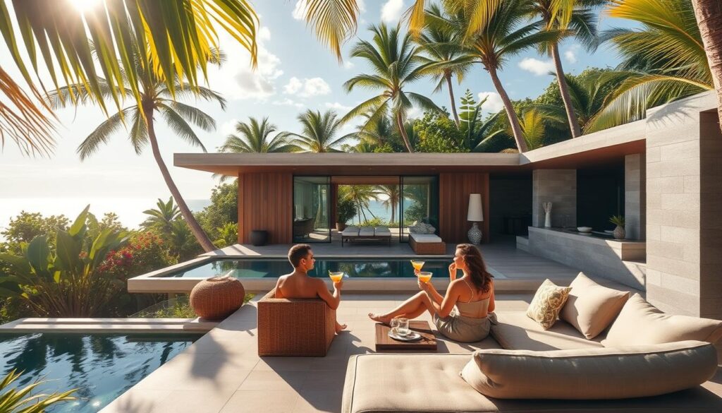 A serene beach villa nestled among lush tropical foliage, with a private pool and breathtaking ocean views. The minimalist, sustainable architecture seamlessly blends with the natural surroundings, exuding an air of understated elegance. Warm sunlight filters through the open-air design, casting a soft glow on the natural wood and stone materials. In the foreground, a group of travelers lounge on plush outdoor furniture, sipping on refreshing cocktails, embodying the "Travel Vibe" of sustainable luxury. The scene evokes a sense of tranquility, exclusivity, and a deep connection to the earth.