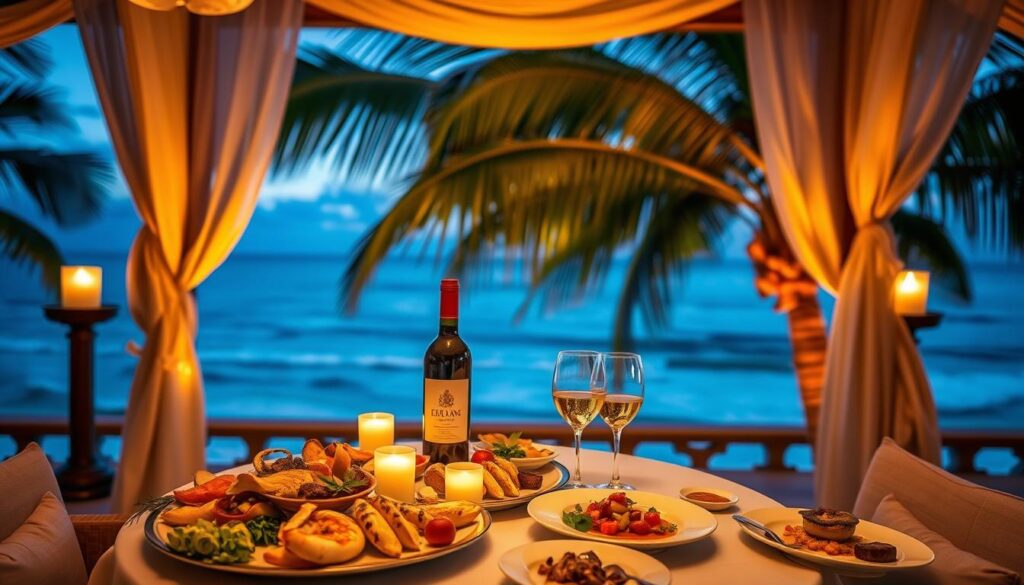 A serene, candlelit dining terrace overlooking a breathtaking ocean vista, draped in luxurious fabrics and elegant furnishings. In the foreground, a sumptuous spread of gourmet dishes - fresh seafood, artfully plated local delicacies, and a bottle of fine vintage wine. Warm, soft lighting casts a romantic glow, while a gentle breeze rustles the palm fronds in the background. The Travel Vibe honeymoon experience, where culinary artistry and natural splendor converge for an unforgettable, once-in-a-lifetime celebration.