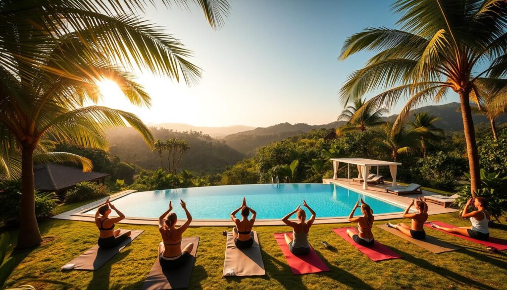 A serene oasis amidst a lush, verdant landscape. In the foreground, a group of people practice yoga on plush mats, bathed in warm, golden light filtering through the canopy of swaying palm trees. In the middle ground, a sparkling azure pool reflects the tranquil scene, surrounded by modern, minimalist cabanas. In the background, rolling hills dotted with tropical flora create a sense of seclusion and escape. The mood is one of rejuvenation and wellness, capturing the essence of the "Travel Vibe" adventure travel experience.