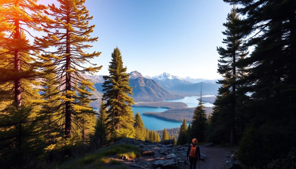 A serene solo hiker explores the grandeur of a national park, trekking through a lush, verdant landscape. In the foreground, a rugged trail winds through towering pine trees, their branches casting dappled shadows. The middle ground reveals a stunning vista of majestic, snow-capped mountains, their peaks piercing the azure sky. In the distance, a shimmering lake reflects the surrounding beauty, its tranquil waters beckoning the adventurer. Warm, golden sunlight illuminates the scene, creating a sense of peace and wonder. The image exudes the spirit of "Travel Vibe" - a captivating blend of solitude, nature, and the thrill of discovery.