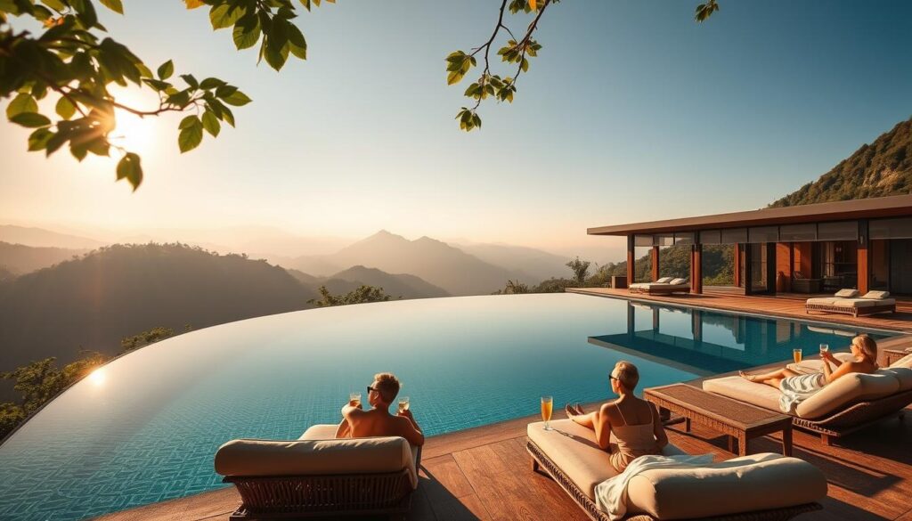 A serene, sun-dappled luxury wellness retreat nestled amidst lush, verdant hills. In the foreground, a tranquil infinity pool reflects the surrounding natural beauty. Guests lounge on plush, contemporary daybeds, sipping refreshing beverages. In the middle ground, a well-appointed spa pavilion with floor-to-ceiling windows offers rejuvenating treatments. The background showcases stunning mountain vistas, shrouded in a soft, golden glow. The scene exudes an atmosphere of sophisticated relaxation, evoking the "Travel Vibe" of a truly indulgent wellness escape.