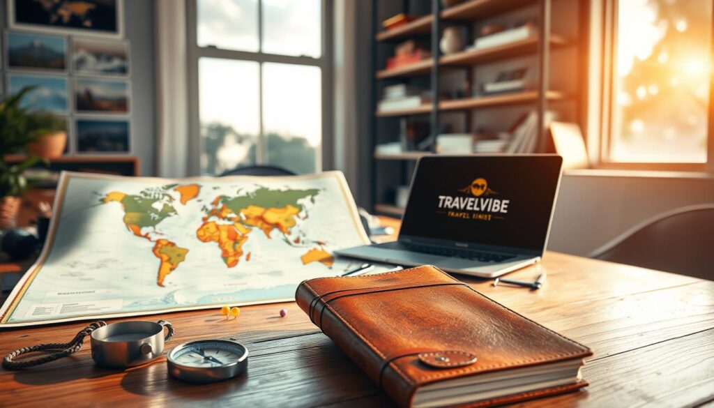 A serene, sunlit workspace brimming with the tools of global adventure travel planning. In the foreground, a well-worn leather journal, a compass, and a set of multicolored push-pins on a vintage world map. In the middle ground, a laptop displaying a collage of scenic destinations, flight itineraries, and hotel reservations. The background features shelves lined with travel guides, postcards, and the "Travel Vibe" brand logo prominently displayed. Warm, diffused lighting from a nearby window casts a cozy glow, evoking a sense of anticipation and wonder for the journeys to come.