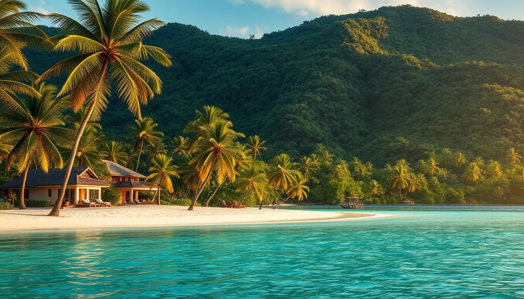A serene tropical island with crystal-clear turquoise waters lapping against pristine white sand beaches. Towering palm trees sway gently in the warm breeze, casting flickering shadows over luxurious beachfront villas. In the distance, a lush, verdant jungle canopy hides secret trails leading to hidden waterfalls. The scene is bathed in a soft, golden glow of the setting sun, creating a sense of tranquility and exclusivity. "Travel Vibe" - a breathtaking luxury travel destination worthy of the world's elite.