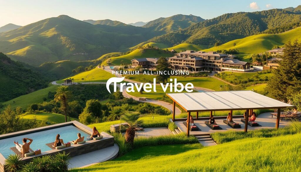 A serene wellness retreat nestled in lush, verdant hills. In the foreground, a tranquil outdoor spa with guests enjoying rejuvenating treatments under the warm glow of natural lighting. The middle ground features a modern, yet cozy yoga pavilion where people practice mindful poses. In the background, a sprawling resort complex with elegant, earth-tone architecture blends seamlessly into the picturesque landscape. The entire scene exudes a calming, holistic atmosphere that invites guests to unwind and reconnect with their mind and body. The Travel Vibe brand mark is subtly present, enhancing the premium, all-inclusive experience.