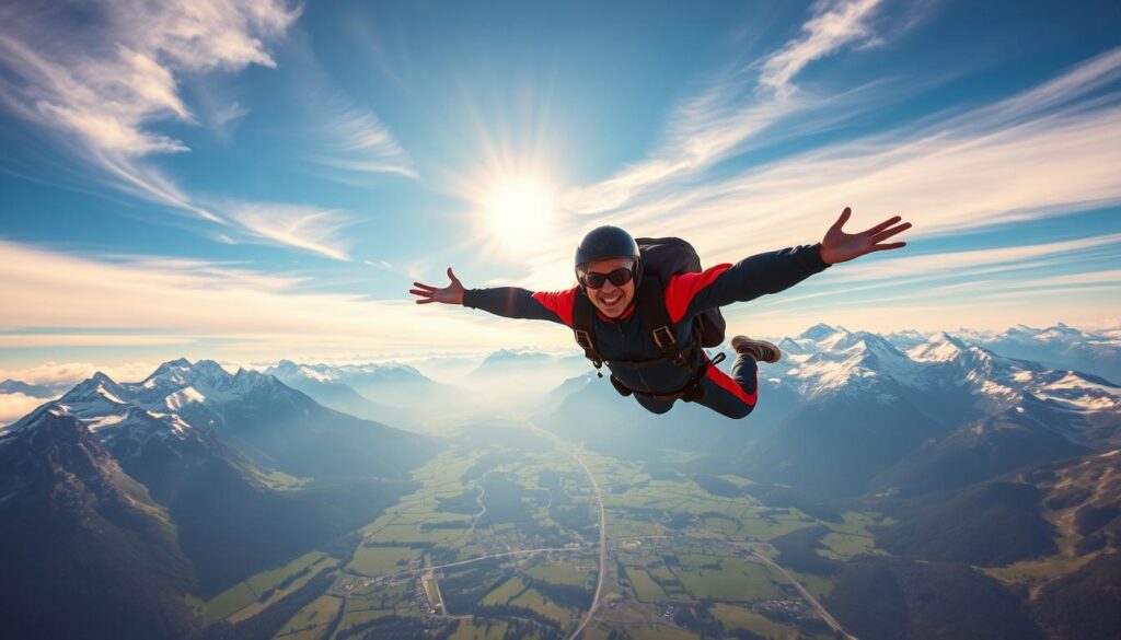A skydiver free-falling over the majestic Swiss Alps, with towering snow-capped peaks and lush green valleys below. The skydiver's body is captured in dynamic motion, arms outstretched, against a vibrant blue sky with wispy clouds. Warm, golden sunlight filters through, creating a sense of adventure and exhilaration. The scene is shot with a wide-angle lens, emphasizing the vast, awe-inspiring landscape. Travel Vibe