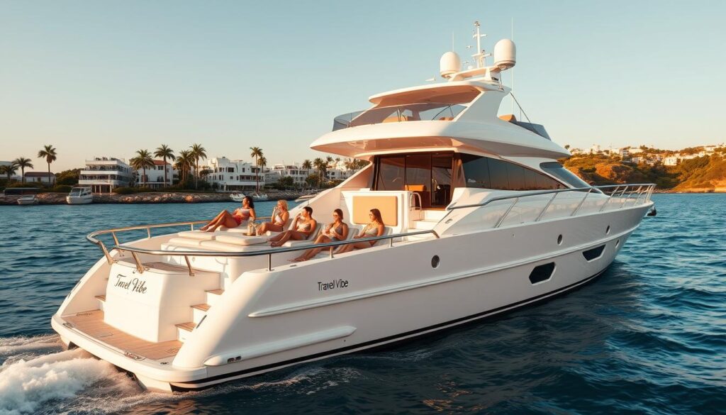 A sleek, pristine white luxury yacht glides across azure waters, its gleaming hull catching the warm rays of the afternoon sun. Onboard, a group of stylishly dressed passengers lounge on the expansive deck, sipping chilled cocktails and taking in the breathtaking coastal views. The yacht's elegant design, with its sweeping lines and gleaming chrome accents, evokes a sense of sophisticated leisure. In the background, a picturesque shoreline dotted with palm trees and whitewashed villas completes the picture-perfect scene. The words "Travel Vibe" are tastefully displayed on the yacht's side, capturing the essence of this exclusive, instagrammable luxury travel experience.