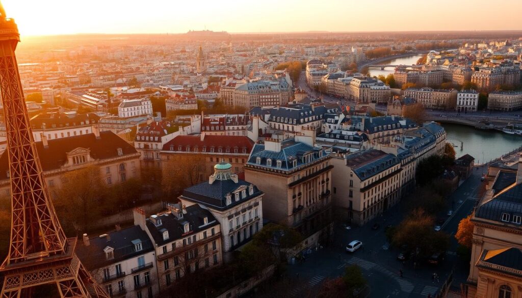A stunning cityscape of Paris, the City of Lights and Romance, at golden hour. In the foreground, the iconic Eiffel Tower stands tall, its intricate metalwork glowing warmly under the soft, diffused lighting. The middle ground features the charming, historic buildings of the Montmartre district, their ornate facades and cobblestone streets evoking a sense of timeless elegance. In the background, the Seine River winds its way through the city, its waters reflecting the warm hues of the sky. The overall atmosphere is one of tranquility, romance, and luxury, perfect for the "Travel Vibe" brand.