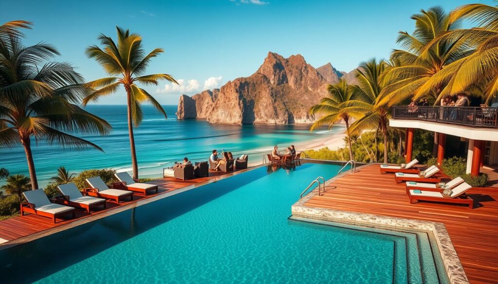 A stunning luxury resort nestled in a lush tropical paradise, surrounded by turquoise waters and swaying palm trees. The foreground features an expansive infinity pool with sleek, modern lounge chairs. In the middle ground, guests sip cocktails on a wooden deck overlooking the stunning ocean view. The background showcases a backdrop of dramatic, jagged cliffs and a clear, azure sky. Warm, golden lighting casts a romantic glow over the entire scene. Captured through the lens of a high-quality DSLR camera, this image exudes the epitome of "Travel Vibe" luxury and relaxation.