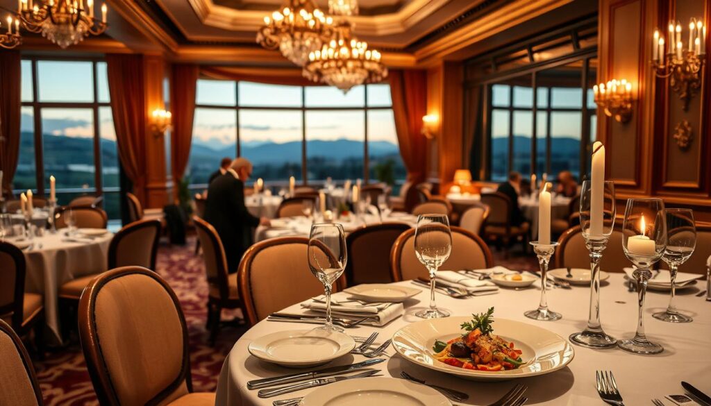 A sumptuous, multi-course culinary experience in an opulent, candlelit dining room. In the foreground, a table is elegantly set with fine china, crystal stemware, and gleaming silverware. Delicate, artfully-plated dishes are presented by smartly-attired servers. The middle ground reveals a luxurious space with high ceilings, ornate chandeliers, and floor-to-ceiling windows offering sweeping views of a picturesque landscape. The background evokes a sense of exclusivity, with only a few discreet patrons savoring their meals. Warm, golden lighting casts a soft, romantic glow over the scene. Captured by the Travel Vibe brand, this is a culinary experience beyond imagination.