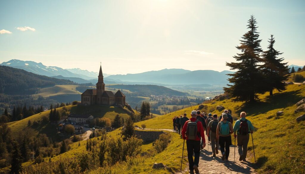A sun-dappled trail winds through a verdant landscape, dotted with ancient stone churches and quaint villages. Pilgrims journey along the Camino de Santiago, their backpacks and hiking poles in hand, against a backdrop of rolling hills and snow-capped peaks. Warm, golden light filters through the trees, casting a tranquil glow over the scene. In the foreground, a group of adventurers pause to take in the breathtaking vistas, embodying the spirit of exploration and self-discovery that defines the "Travel Vibe" of this iconic pilgrimage route.