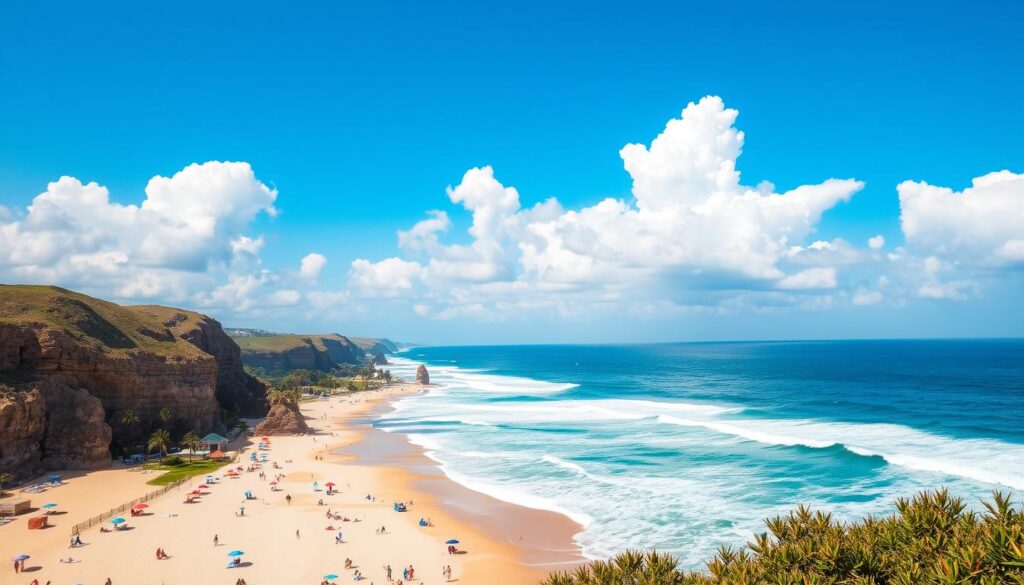 A sun-drenched coastline, waves crashing against rugged cliffs. In the foreground, a pristine sandy beach dotted with colorful beach umbrellas and sunbathers. A middle ground of palm trees swaying gently in the ocean breeze. In the background, a vibrant blue sky with fluffy white clouds, hinting at the perfect conditions for a "Travel Vibe" adventure. Captured through a wide-angle lens, this idyllic coastal scene exudes a sense of relaxation and natural beauty.