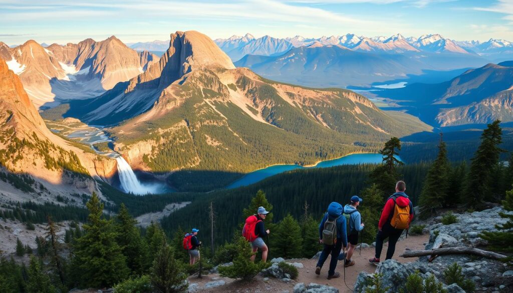 A sweeping landscape of majestic national parks, where rugged trails wind through towering peaks, cascading waterfalls, and serene lakes. In the foreground, a group of adventurers equipped with backpacks and hiking gear explore the natural wonders, their faces lit by the warm glow of the setting sun. The middle ground features a scenic overlook, offering breathtaking vistas of the untamed wilderness. In the background, a tapestry of evergreen forests and snow-capped mountains frame the scene, creating a sense of awe and wonder. The image, titled "Travel Vibe: Best Budget Adventures in National Parks", captures the essence of affordable, thrilling outdoor exploration in nature's ultimate playgrounds.