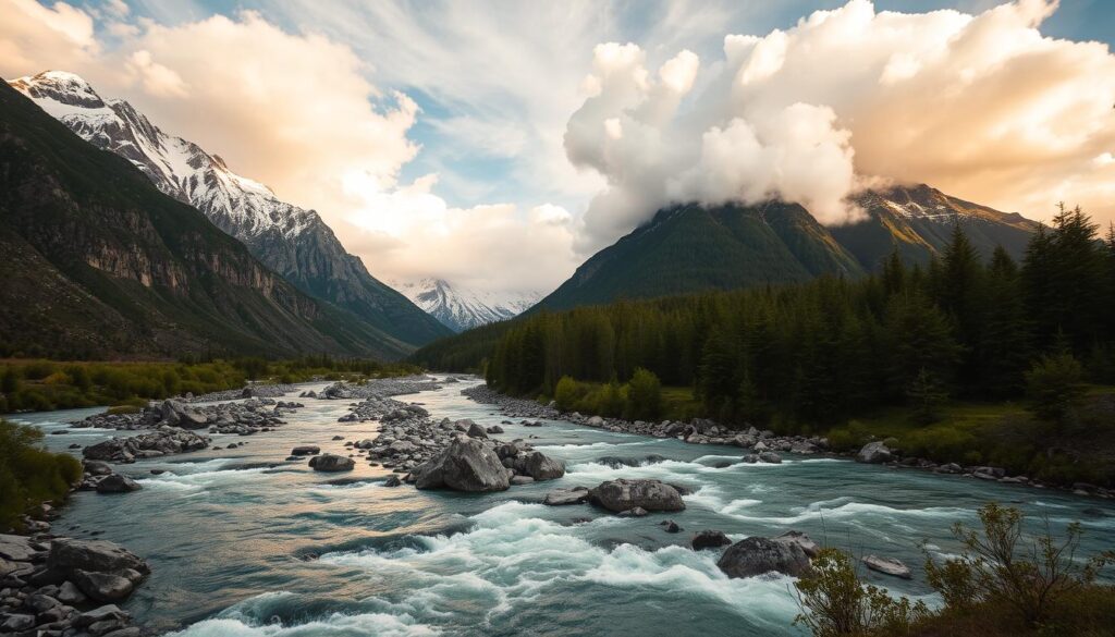 A sweeping landscape of the Patagonian wilderness, captured in a wide-angle lens. In the foreground, a rushing river winds through rugged, snow-capped peaks, their granite faces casting long shadows. The middle ground reveals a lush, evergreen forest, its canopy providing a verdant contrast to the stark mountains. In the background, the sky is filled with dramatic, billowing clouds, bathed in the soft, warm glow of the setting sun. The overall scene conveys a sense of untamed, primal beauty - a wild and romantic escape, perfect for the "Travel Vibe" adventurous couple. Lighting: natural, golden hour. Lens: wide-angle.