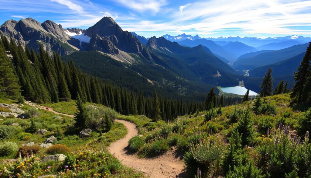 A sweeping vista of the Pacific Crest Trail, a legendary hiking route winding through towering evergreen forests, rugged mountain peaks, and pristine alpine lakes. In the foreground, a meandering trail lined with wildflowers and sun-dappled undergrowth, inviting the intrepid adventurer. The middle ground features majestic granite cliffs and ridges, casting dramatic shadows across the landscape. In the distance, snow-capped summits rise against a vibrant, azure sky, exuding a sense of remote, untamed wilderness. The overall scene evokes a feeling of boundless exploration and the thrill of the unknown, capturing the essence of "Route3: The Pacific Crest Trail, USA" for the Travel Vibe article.