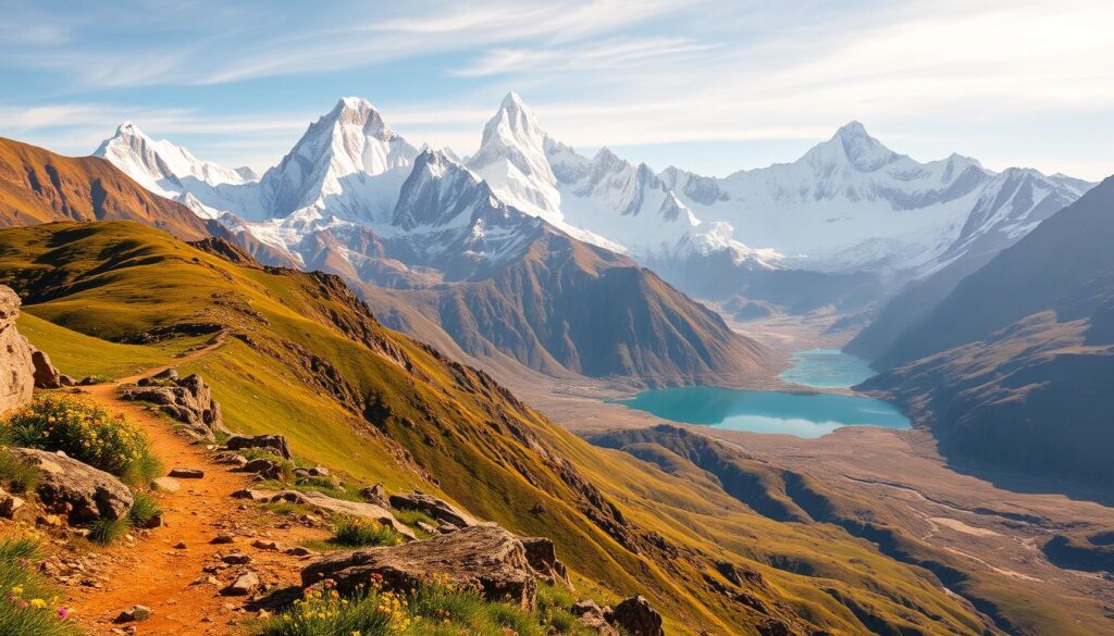 A sweeping vista of the majestic Nepal Himalayas, bathed in golden light. In the foreground, a rugged mountain trail winds through lush alpine meadows dotted with vibrant wildflowers. Towering snow-capped peaks rise majestically in the middle ground, their jagged silhouettes reflected in pristine glacial lakes. The background is dominated by the towering, otherworldly forms of the highest mountains on Earth, their peaks piercing the azure sky. Crisp, clean atmosphere, with a sense of adventure and exploration. Captured with a wide-angle lens to showcase the grandeur of this natural wonder. Travel Vibe