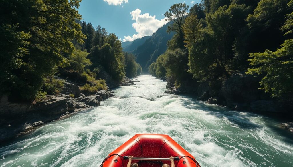 A swiftly flowing river cutting through rugged, verdant landscapes, white-capped rapids beckoning adventure-seekers. In the foreground, a sturdy, vibrant red raft navigates the churning waters, its occupants paddling with determined strokes, exhilaration etched on their faces. Lush, towering trees line the riverbanks, casting dappled shadows and imbuing the scene with a sense of untamed wilderness. Overhead, a bright, sun-dappled sky adds to the invigorating, "Travel Vibe" atmosphere. Crisp, high-contrast lighting and a dynamic, cinematic camera angle capture the thrill and energy of this rafting expedition.