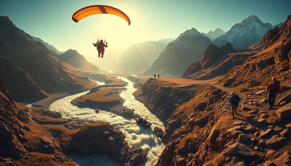 A thrilling panorama of intertwined adventures, set against a rugged, sun-dappled landscape. In the foreground, a daring skydiver plummets through the air, their parachute billowing open as they soar over a raging river where a raft navigates the churning rapids. In the middle ground, hikers ascend a winding mountain trail, their backpacks and trekking poles suggesting a journey of discovery. The background frames this dynamic scene with towering peaks, their snowcapped summits gleaming under the warm, golden light of a "Travel Vibe" sunset. Cinematic in scope, this image captures the thrill, challenge, and pure exhilaration of a multifaceted adventure.