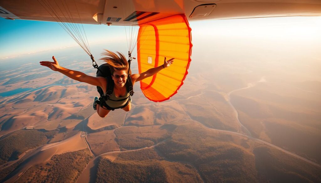 A thrilling skydiving adventure above breathtaking landscapes. A daredevil leaps from the airplane, plummeting towards the earth, arms outstretched, hair whipping in the wind. Vistas of rolling hills, winding rivers, and dense forests unfold below, bathed in warm golden sunlight. The skydiver's bright orange parachute billows open, guiding their graceful descent. Travel Vibe presents this adrenaline-fueled experience, capturing the exhilaration and freedom of soaring through the sky.