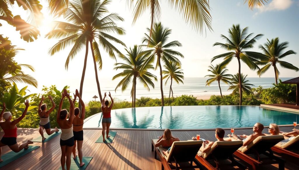 A tranquil wellness retreat nestled in a lush, tropical paradise. In the foreground, a group of guests engage in gentle yoga practices, their movements flowing gracefully under the warm, golden light of the sun. In the middle ground, a shimmering infinity pool reflects the surrounding verdant foliage, while guests recline on plush lounge chairs, sipping refreshing beverages. In the background, towering palm trees sway gently, and the distant horizon is dotted with pristine, white-sand beaches. The scene exudes a sense of serenity and rejuvenation. Travel Vibe