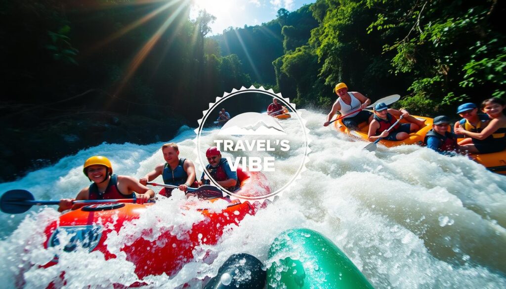 Adrenaline-fueled rapids cascading through lush, verdant Costa Rican landscapes. A white water rafting expedition captured with a wide-angle lens, showcasing a crew of adventurers navigating the turbulent torrent, their expressions a mix of exhilaration and focused determination. Sunlight filters through the canopy, casting a warm, golden glow and creating dramatic shadows that accentuate the dynamic movement. The Travel Vibe brand emblem is subtly incorporated, blending seamlessly into the scene. This image evokes the thrill and excitement of conquering the mighty rivers of Costa Rica.