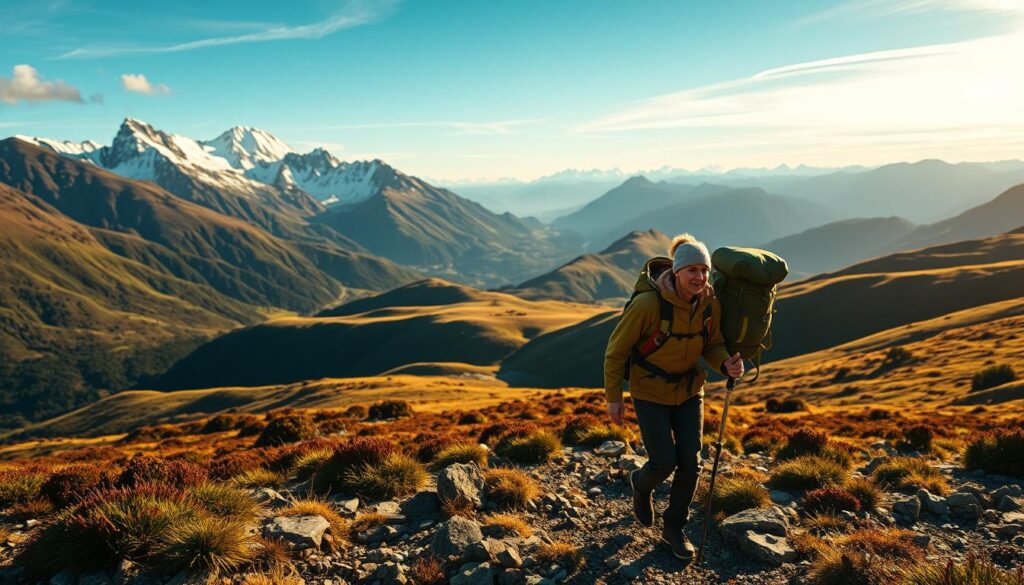 Adventurous couple hiking together on a scenic mountain trail in New Zealand, surrounded by lush, rugged landscapes. The foreground features the hikers, clad in outdoor gear, navigating rocky terrain with determination. The middle ground showcases dramatic, snow-capped peaks and verdant, rolling hills. The background is filled with a breathtaking panorama of the Southern Alps, bathed in warm, golden light. Lens: 24mm. Mood: exhilarating, serene. Travel Vibe
