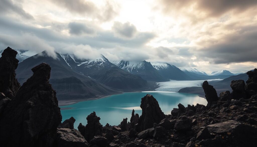 Dramatic Icelandic landscape under a moody, atmospheric sky. In the foreground, jagged black volcanic rock formations jut out against a backdrop of snow-capped mountains and glaciers. In the middle ground, a serene, turquoise-colored glacial lake reflects the stunning scenery. Wispy clouds and shafts of golden sunlight filter through, creating a sense of otherworldly, ethereal beauty. Shot with a wide-angle lens to capture the vast, sweeping grandeur of this untamed, wilderness setting. Evokes a feeling of remote, rugged adventure. Travel Vibe.