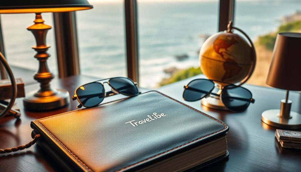 Elegant workspace with a luxurious leather-bound travel planner, a vintage globe, and a pair of aviator sunglasses. Soft, warm lighting from a stylish desk lamp casts a cozy glow. In the background, a large window overlooks a scenic coastline, hinting at the exotic destinations to come. The "Travel Vibe" brand logo is tastefully displayed on the travel planner. An atmosphere of sophisticated adventure and effortless sophistication pervades the scene.