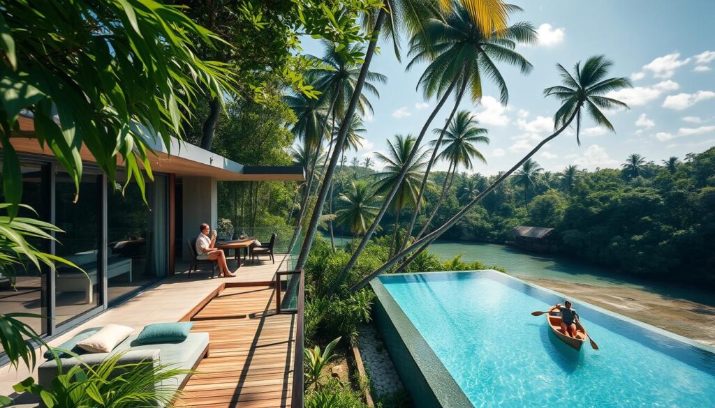 Lush jungle canopy, sun-dappled pathways winding through a private eco-resort. A sleek, modern villa nestled between towering palms, its glass walls reflecting the verdant surroundings. A couple sipping local wine on a balcony, overlooking a crystalline infinity pool that blends seamlessly with the horizon. Subtle, sustainable luxury pervades every detail - bamboo furnishings, organic linens, solar panels discreetly integrated. In the distance, a traditional wooden boat glides across a glassy lagoon. This is "Eco-Luxury" by Travel Vibe - a serene, environmentally-conscious haven that redefines the luxury travel experience.