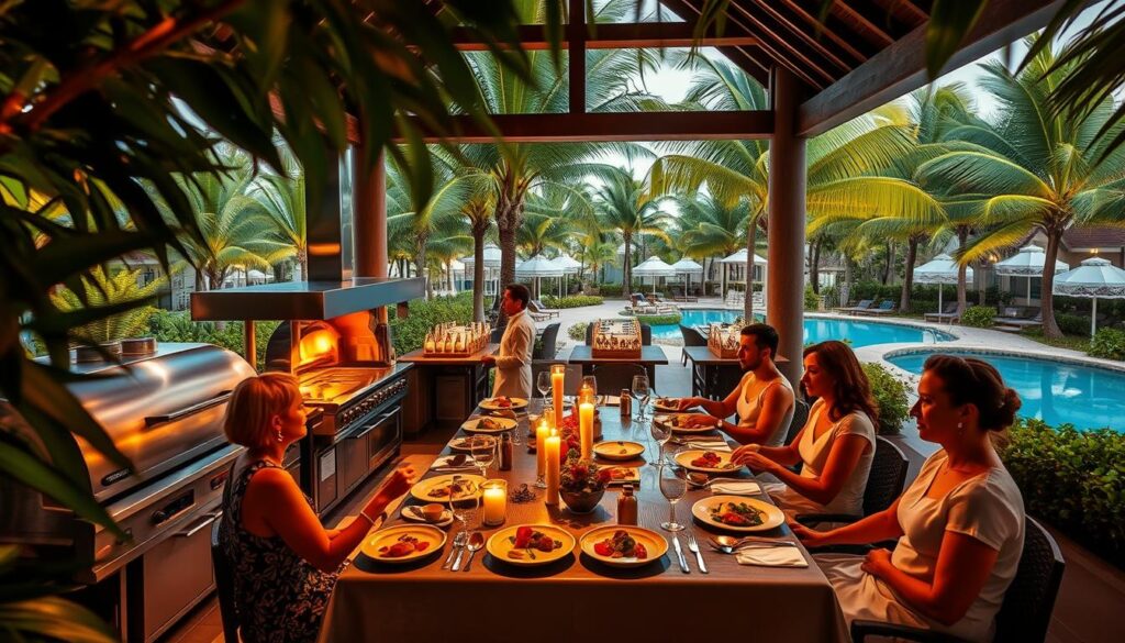 Lush tropical foliage frames an open-air pavilion, where a group of elegantly dressed guests indulge in a sumptuous culinary experience at a Travel Vibe all-inclusive luxury resort. Gleaming stainless steel appliances and a wood-fired oven set the stage for a skilled chef, meticulously plating vibrant, locally-sourced dishes. Warm candlelight and soft ambient music create an intimate, sophisticated atmosphere, while floor-to-ceiling windows offer breathtaking views of swaying palm trees and a shimmering turquoise pool. Servers in crisp white uniforms glide between tables, delivering craft cocktails and decadent desserts to sated diners. This is the epitome of a world-class, all-inclusive culinary journey.