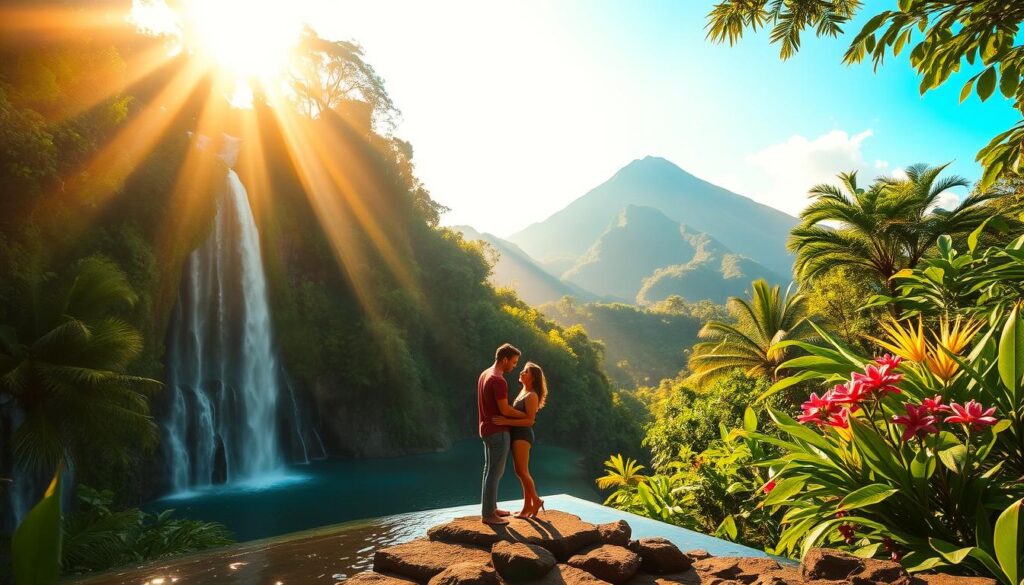 Lush tropical rainforest, towering waterfalls, and a couple embracing at the edge of a secluded pool. Warm golden sunlight filters through the canopy, casting a romantic glow. In the background, jagged volcanic peaks reach towards the azure sky. The scent of exotic blooms and the soothing sounds of wildlife fill the air. This is the "Travel Vibe" of Costa Rica, a true adventure playground for lovers seeking an unforgettable escape into nature.