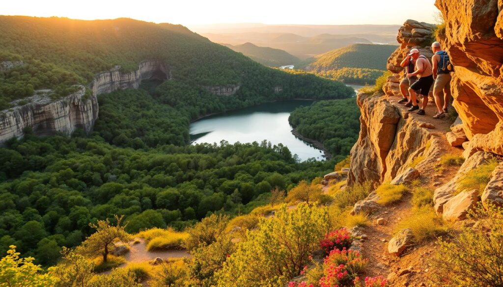 Lush, verdant hills of the Ozark Mountains, Arkansas, basking in golden-hour light. A serene lake nestled between towering bluffs, its crystalline waters reflecting the rugged landscape. In the foreground, adventurous hikers traverse a winding trail, exploring hidden caves and cascading waterfalls. Dramatic rock formations, sculpted by time, frame the scene, while a vibrant, diverse array of native flora adds pops of color. The Travel Vibe - an immersive adventure in the heart of this natural wonderland.