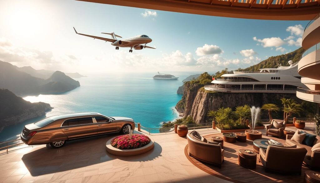 Luxury Travel Experience: A private jet soars over a breathtaking, sun-drenched coastline, casting long shadows on the turquoise waters below. In the foreground, a sleek, chrome-accented limousine waits to whisk passengers to a palatial, 7-star resort nestled between towering, verdant cliffs. The grand, airy lobby is filled with the scent of exotic flowers and the gentle murmur of a cascading fountain. Plush, bespoke furnishings and floor-to-ceiling windows create an atmosphere of refined opulence. On the horizon, a stunning, VIP cruise liner glides effortlessly across the horizon, its pristine decks and gleaming brass fittings a testament to the "Travel Vibe" of luxury and exclusivity.