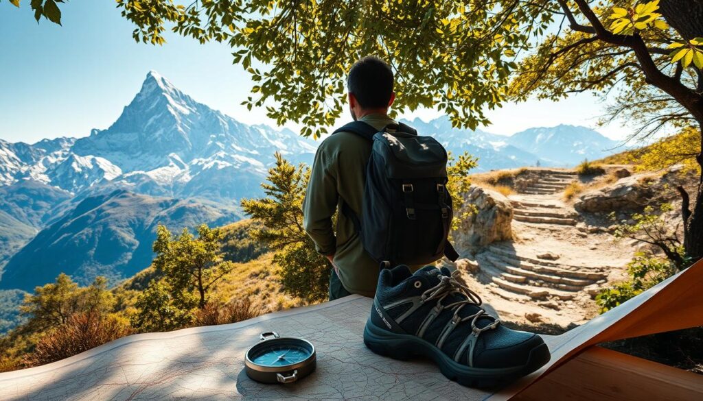 Majestic mountains pierce the horizon, their snow-capped peaks reaching skyward. A rugged, weathered traveler stands at the edge of a winding path, backpack slung over their shoulder, gazing out at the vast, untamed landscape. Dappled sunlight filters through a canopy of lush, verdant foliage, casting a warm, adventurous glow. In the foreground, a compass and hiking boots lie on a well-worn map, hinting at the journey to come. The scene exudes a sense of exploration, growth, and the thrill of the unknown. "Travel Vibe" - adventure travel is on the rise, and this image captures the spirit of the times.