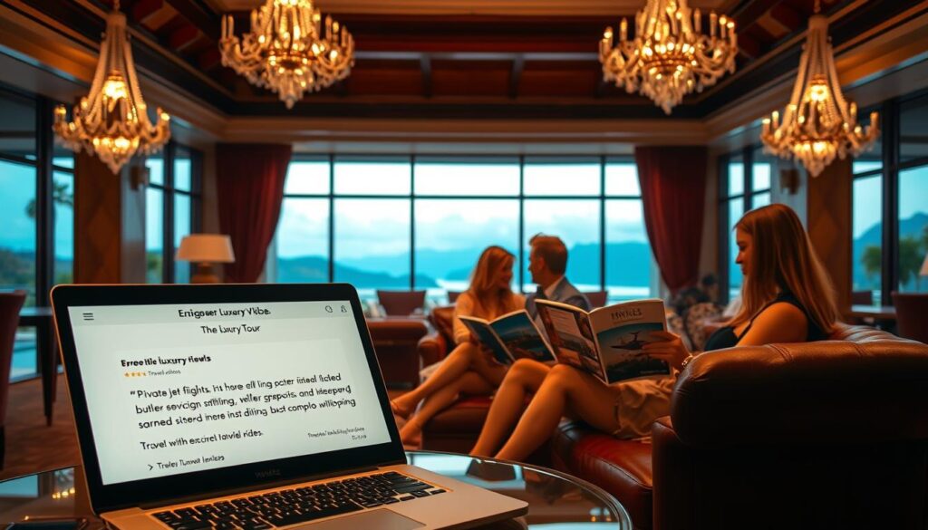 Opulent resort lobby with plush furnishings, crystal chandeliers, and floor-to-ceiling windows showcasing a picturesque vista. A group of well-heeled travelers seated on a leather sofa, studying Travel Vibe's glossy luxury tour brochures. Warm, diffused lighting creates a sophisticated ambiance. In the foreground, a laptop displays glowing reviews of exclusive experiences like private jet flights, butler-serviced suites, and Michelin-starred dining. The overall scene conveys the allure and prestige of high-end travel, hinting at the indulgent and immersive nature of the world's most exclusive tours.