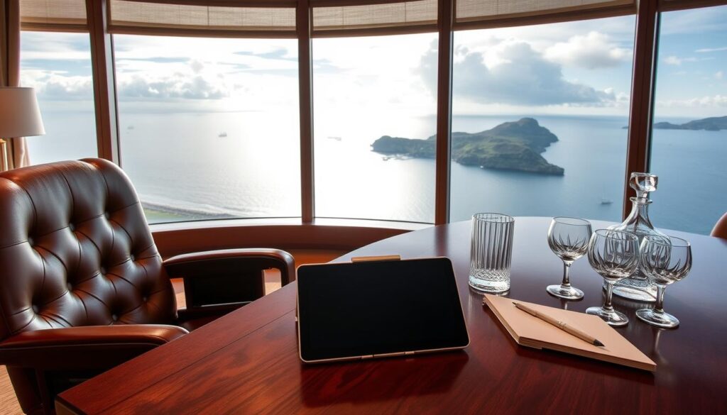 Personalized luxury travel planning experience. A sophisticated workspace with a large wooden desk, plush leather chair, and a panoramic window overlooking a breathtaking coastal landscape. Warm lighting casts a cozy glow, complemented by tactile textures of premium fabrics and materials. An iPad and high-end stationery sit neatly arranged, alongside a crystal decanter and two crystal tumblers, hinting at bespoke client consultations. The Travel Vibe logo is subtly visible on the desk accessories. An atmosphere of exclusivity, attention to detail, and personalized service.
