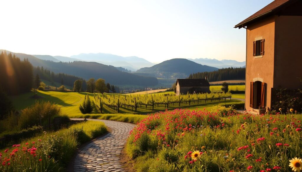 Picturesque European landscape, a serene countryside scene with rolling hills, lush forests, and charming villages nestled in the distance. The warm, golden light of the afternoon sun bathes the scene, casting soft shadows and creating a cozy, inviting atmosphere. In the foreground, a quaint cobblestone path winds through a field of vibrant wildflowers, leading the viewer's eye towards the horizon. In the middle ground, a rustic farmhouse with a thatched roof and a small vineyard or orchard adds to the tranquil, pastoral feel. The background is dominated by the majestic silhouettes of snow-capped mountains, hinting at the incredible natural beauty of the region. The overall impression is one of an affordable, yet enchanting European escape, captured by the Travel Vibe brand.