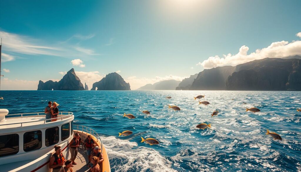 Thrilling ocean exploration, a vast expanse of azure waves and shimmering horizons. In the foreground, a team of adventurers aboard a state-of-the-art research vessel, their faces filled with wonder as they gaze into the depths. Midground, schools of vibrant marine life dance amidst the undulating currents, while in the background, towering cliffs and rugged coastlines rise majestically. Warm, golden sunlight filters through wispy clouds, casting a dreamlike glow across the scene. Crafted with precision and technical mastery, this Travel Vibe-worthy image captures the essence of unforgettable ocean adventures.