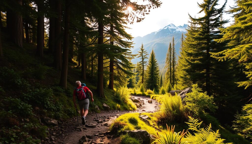 Trekking through a lush, verdant forest, the sunlight filters through the canopy, casting a warm, golden glow across the winding trail. In the foreground, a hiker navigates the rocky path, their backpack and hiking gear visible. In the middle ground, towering pine trees and ferns create a serene, natural backdrop. In the distance, a majestic mountain range rises, its snow-capped peaks touching the cloudy sky. The scene exudes a sense of adventure and exploration, inviting the viewer to join this "Travel Vibe" trekking expedition and discover the beauty of nature.