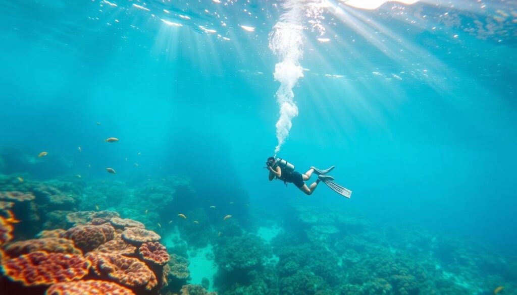 Underwater paradise of the Great Barrier Reef, a diver exploring the vibrant coral gardens and diverse marine life. Beams of sunlight pierce the crystal-clear turquoise waters, casting a warm glow on the scene. Colorful schools of tropical fish dart between intricate reef formations. A sense of wonder and adventure permeates the tranquil yet dynamic underwater world. The diver, clad in sleek dive gear, gracefully navigates this subaquatic realm, capturing the essence of "Diving Deep: The Great Barrier Reef" for Travel Vibe.