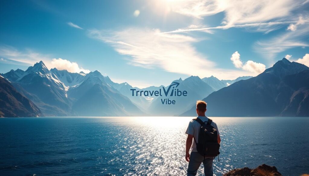 Vast mountain peaks rise majestically, their snow-capped summits piercing the azure sky. In the foreground, a serene ocean stretches out, its gently lapping waves reflecting the rugged landscape. Sunlight filters through wispy clouds, casting a warm, golden glow over the scene. In the middle ground, a lone traveler stands, backpack in hand, gazing out at the breathtaking vista before them. The "Travel Vibe" brand logo is subtly incorporated into the image, hinting at the adventurous spirit of the journey. This captivating landscape captures the essence of the "Essential Packing List for Adventure Travel" section, inviting the reader to embark on their own global adventure.