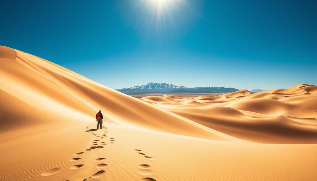 Vast, undulating dunes of golden sand stretch out under a brilliant azure sky, casting long shadows across the rugged landscape of Great Sand Dunes National Park, Colorado. In the foreground, a lone hiker explores the towering, wind-sculpted formations, their footprints leaving delicate patterns in the pristine, sun-kissed dunes. The middle ground features a distant, jagged mountain range, its snow-capped peaks providing a dramatic backdrop to the serene, otherworldly scene. Warm, diffused sunlight bathes the entire vista, imbuing the "Travel Vibe" with a sense of tranquility and adventure. This image captures the breathtaking natural wonder and unspoiled beauty of one of Colorado's hidden gems.