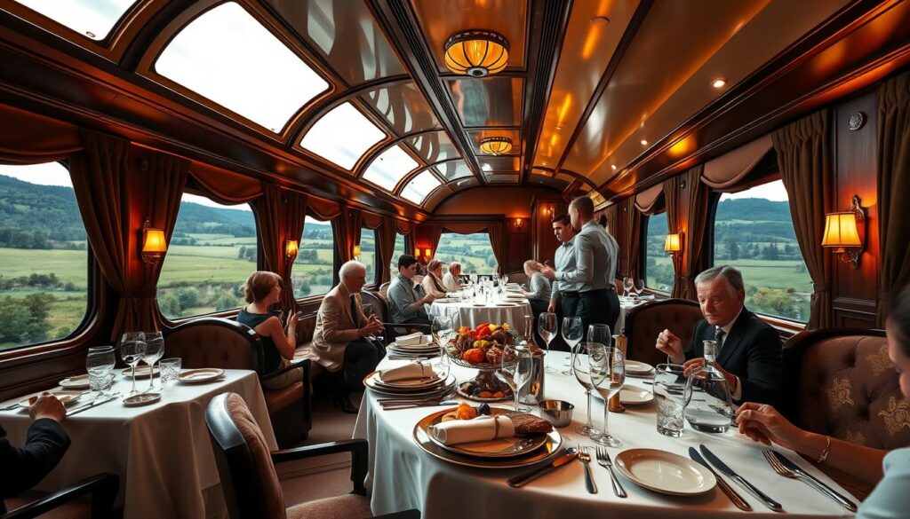 a lavish dining car on a luxury train, dimly lit with warm golden lighting, featuring a beautifully set table with fine china, crystal glassware, and silver cutlery. A multi-course gourmet meal is being served by attentive staff in crisp uniforms. The windows offer scenic views of a picturesque countryside landscape passing by. The mood is one of refined elegance and indulgence. Shot with a wide-angle lens to capture the full grandeur of the scene. Travel Vibe